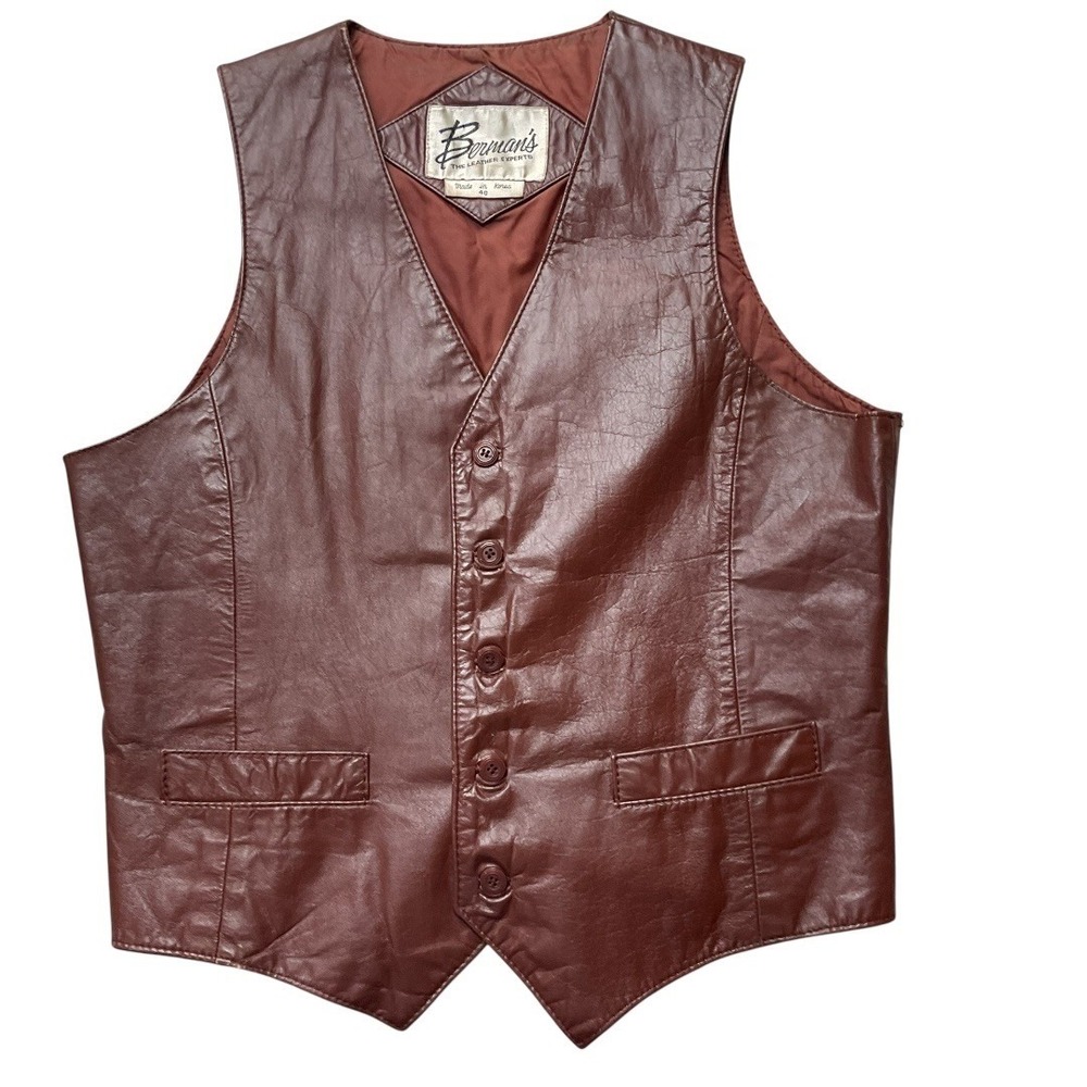 VTG Berman's Men's Leather Button Front Cowboy Western Rodeo Ranch Vest Brown 40 - Picture 7 of 12